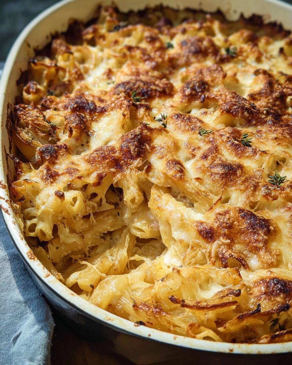 A close-up view of a bubbly, golden-brown baked pasta dish with melted cheese and herbs.