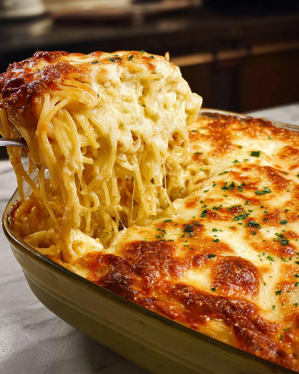 A fork lifting a generous portion of cheesy baked spaghetti from a casserole dish, showcasing melted cheese and golden-brown crust.