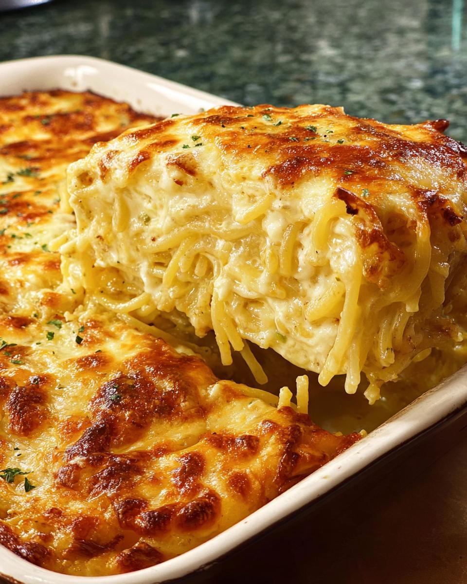 A serving of cheesy baked spaghetti casserole, showing golden brown cheese and tender pasta strands.