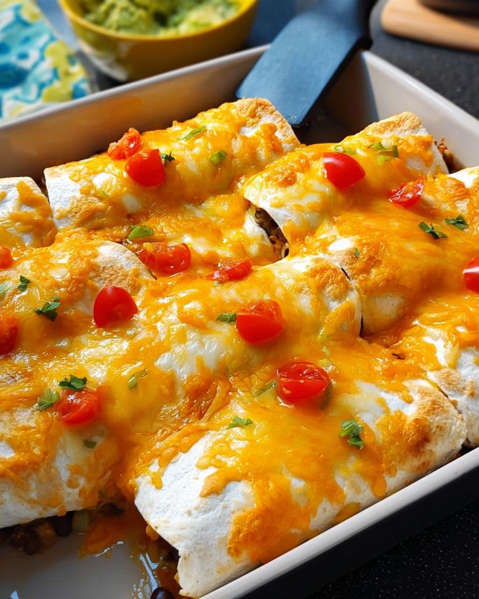 Close-up of cheesy enchiladas topped with cherry tomatoes and cilantro, part of 25-Ingredient Healthy Meals Recipes.