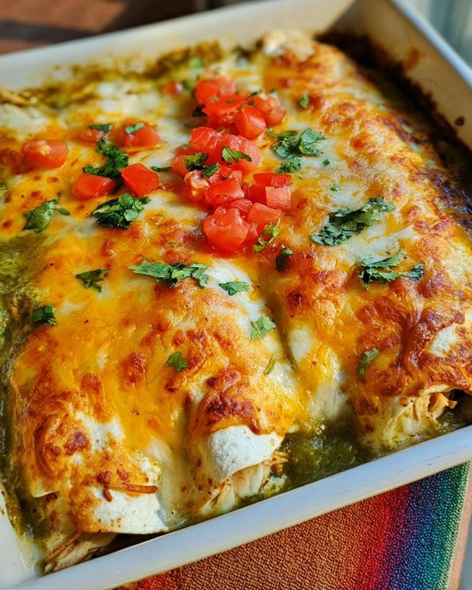 A close-up of baked chicken enchiladas topped with melted cheese, green sauce, diced tomatoes, and cilantro.