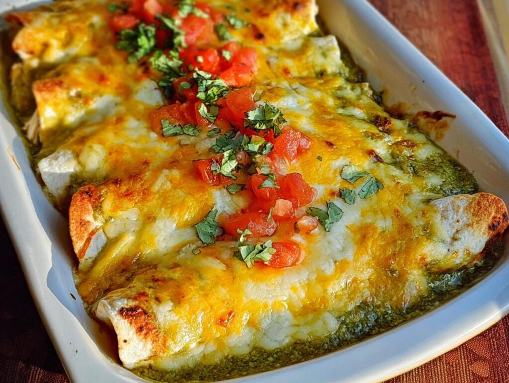 Close-up of baked chicken enchiladas covered in green sauce and melted cheese, topped with diced tomatoes and cilantro.