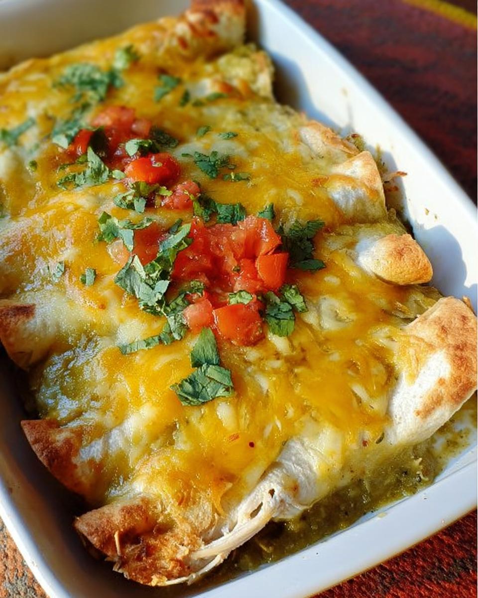 Close-up of baked chicken enchiladas topped with melted cheese, salsa, and cilantro.