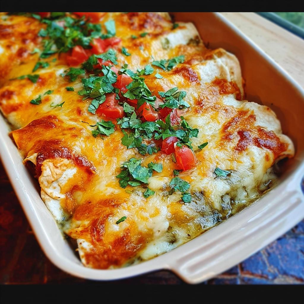 Close-up of cheesy chicken enchiladas topped with fresh tomatoes and cilantro, perfect for chicken recipes meal prep.