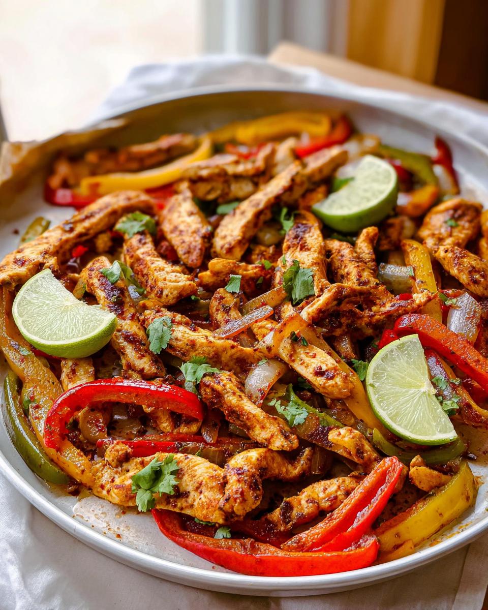 A colorful platter of chicken fajitas with sliced bell peppers, onions, and lime wedges, perfect for busy weeknights.