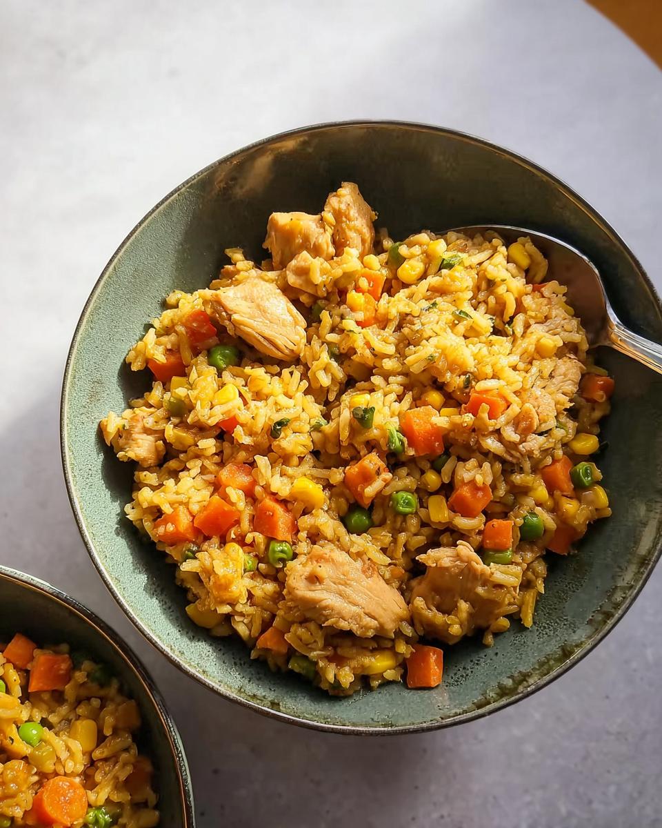 Close-up of a bowl of chicken fried rice with peas, carrots, and corn, a quick and easy weeknight meal.