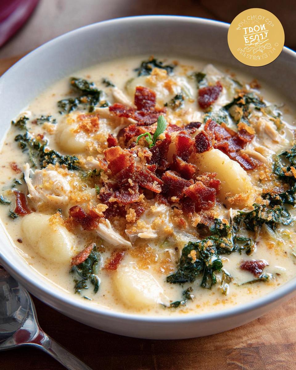 Close-up of a bowl of creamy chicken gnocchi soup with kale and crispy bacon topping.