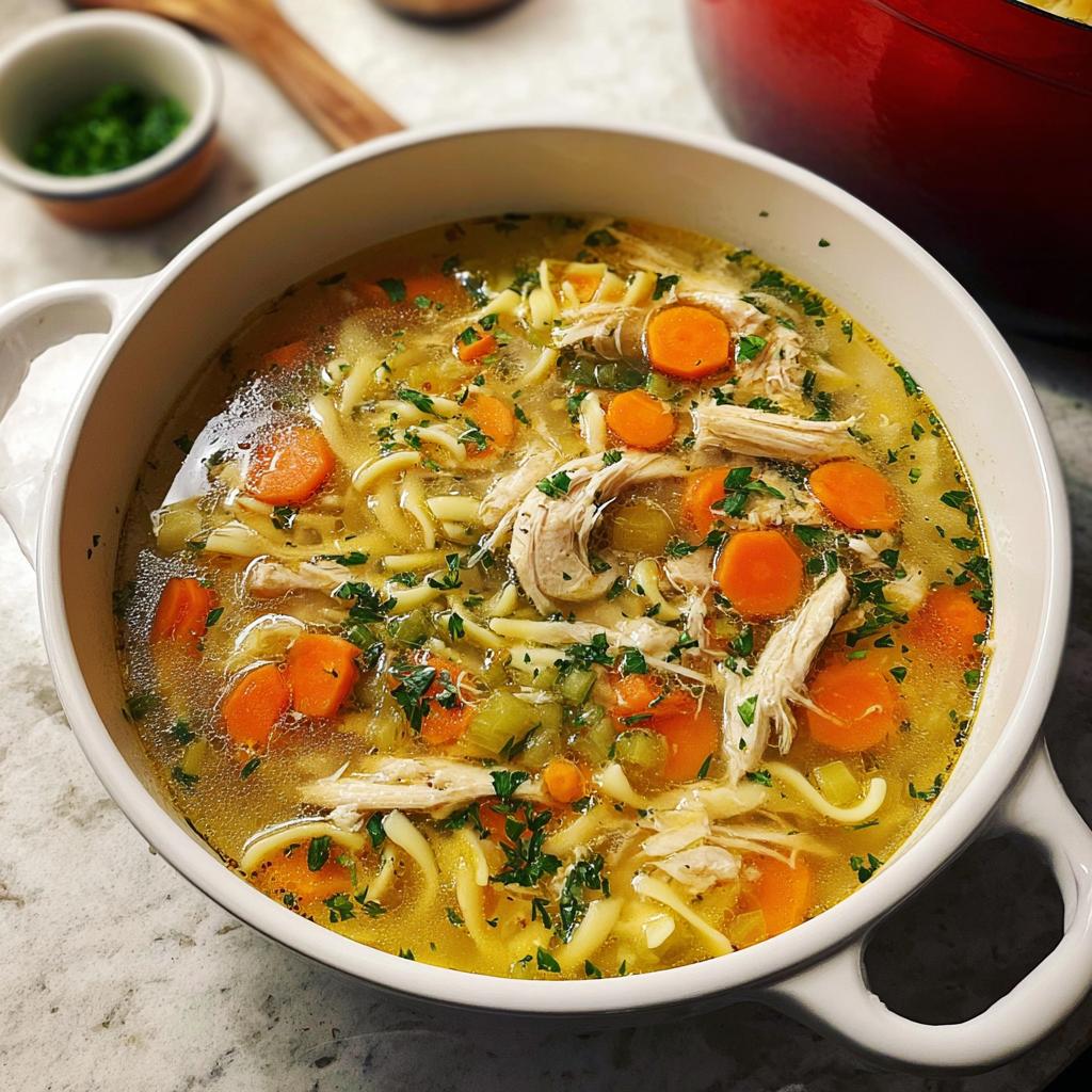 A close-up of a steaming bowl of chicken noodle soup, featuring shredded chicken, carrots, celery, and noodles in a savory broth.