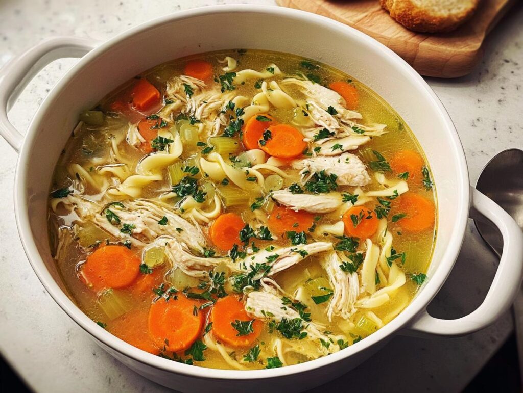 A close-up of a steaming bowl of homemade chicken noodle soup, featuring shredded chicken, egg noodles, carrots, and celery, garnished with parsley.