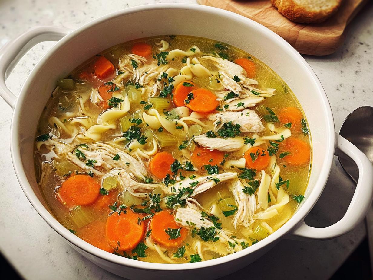A close-up of a steaming bowl of homemade chicken noodle soup, featuring shredded chicken, egg noodles, carrots, and celery, garnished with parsley.