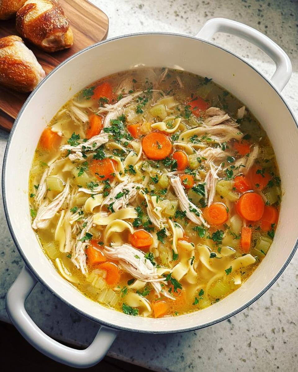 A steaming pot of homemade chicken noodle soup with shredded chicken, carrots, celery, and wide egg noodles.