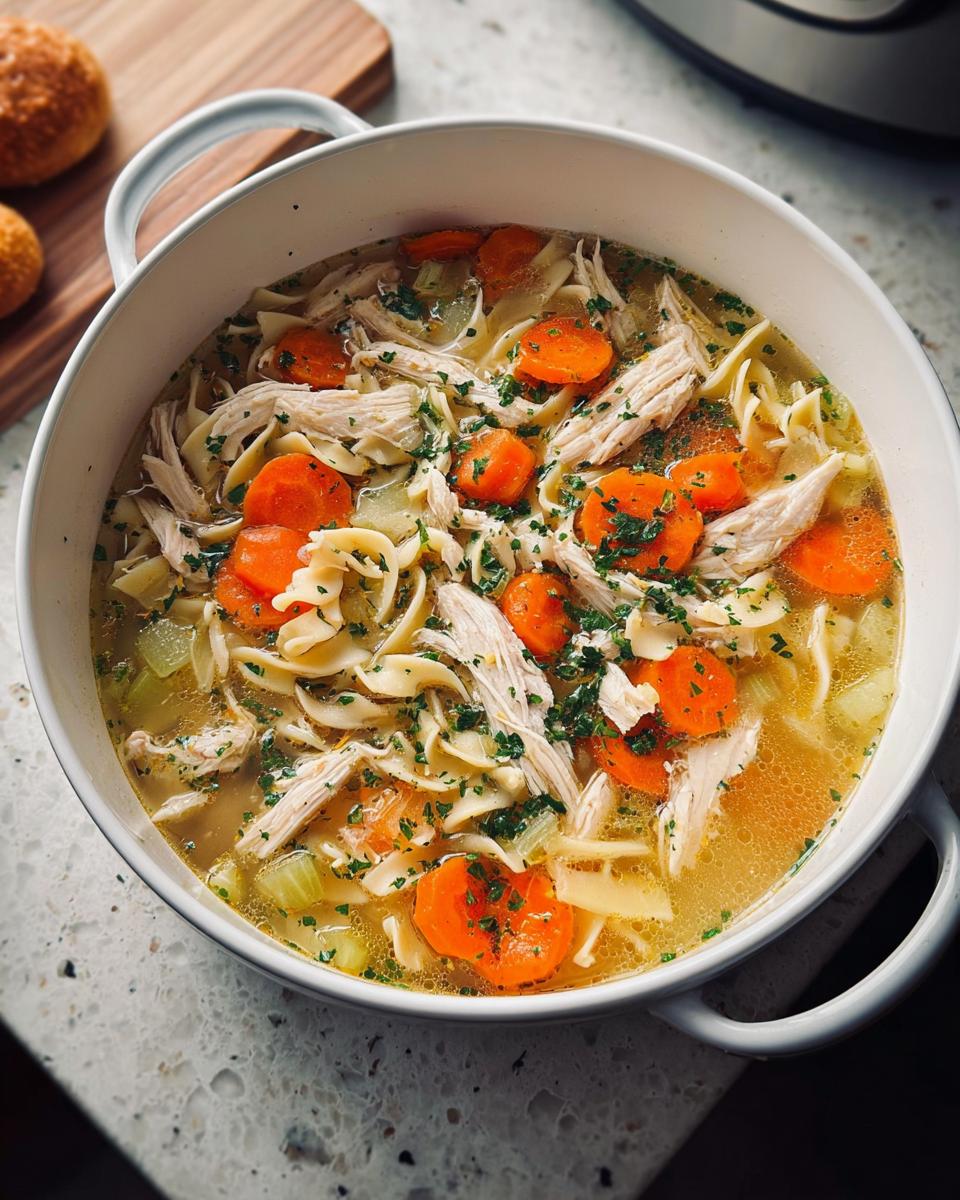 A steaming bowl of homemade chicken noodle soup, featuring shredded chicken, egg noodles, carrots, and parsley.