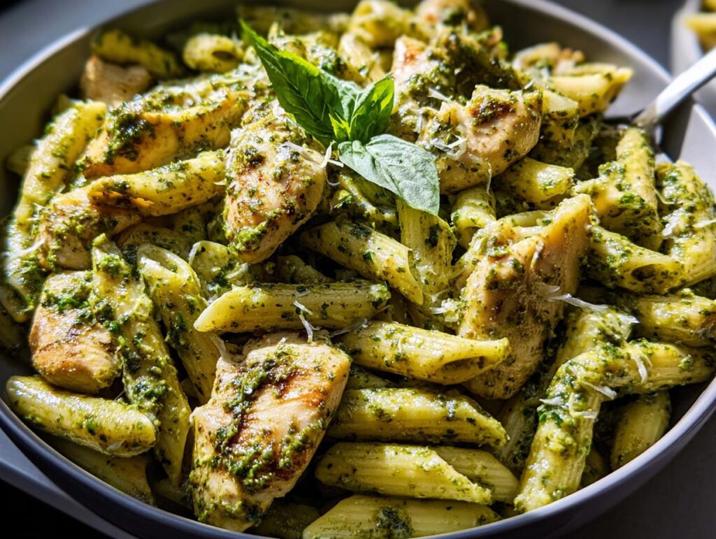 Close-up of penne pasta with grilled chicken pieces tossed in vibrant green pesto sauce, a quick chicken recipe.