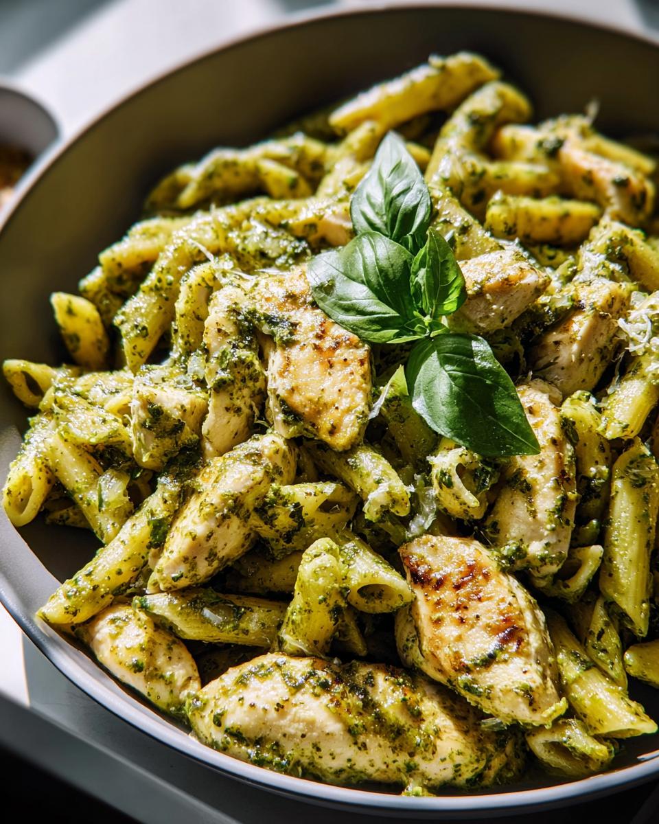 Close-up of penne pasta with grilled chicken pieces coated in vibrant green pesto sauce, garnished with fresh basil.