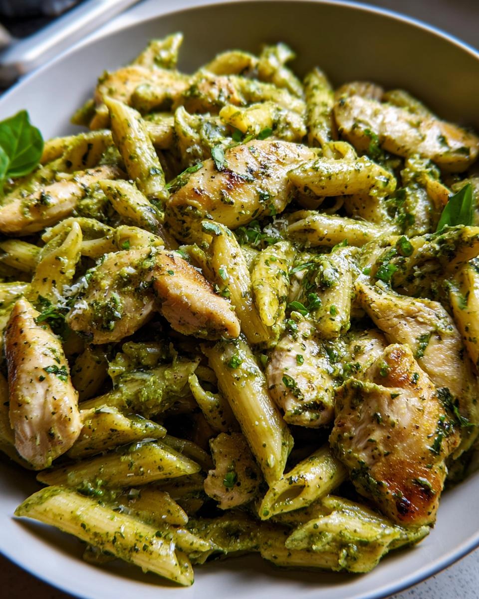A close-up of penne pasta tossed with grilled chicken pieces in a vibrant green pesto sauce, a perfect chicken recipe.