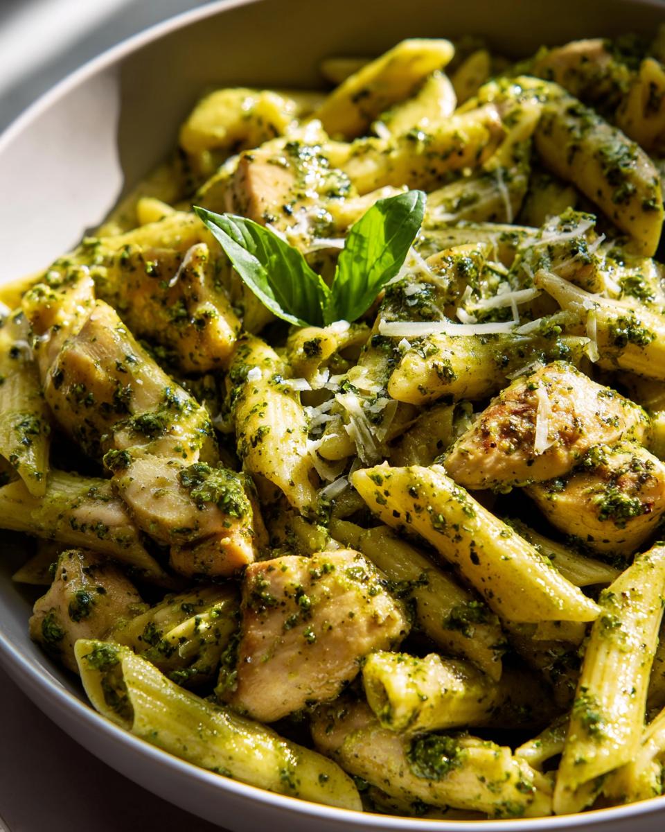 A bowl of penne pasta with chicken and pesto sauce, garnished with basil and Parmesan cheese.
