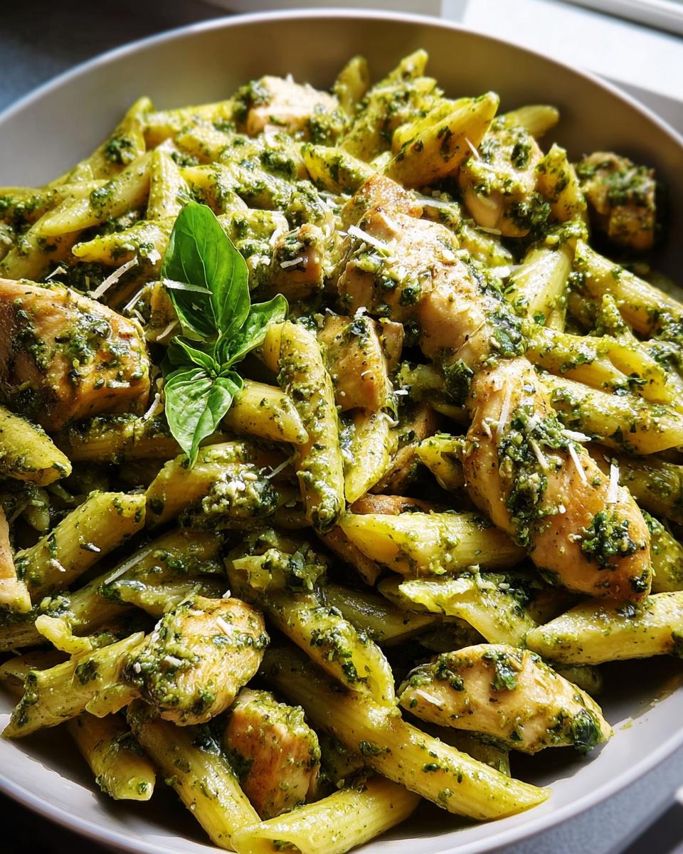 A close-up of chicken pesto pasta, showcasing penne pasta coated in vibrant green pesto with tender chicken pieces.