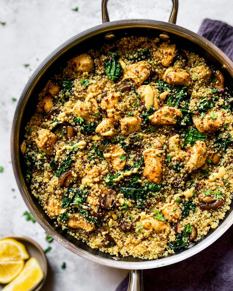 A close-up of a skillet filled with chicken and quinoa, featuring kale, mushrooms, and a drizzle of sauce. Part of The Ultimate Chicken Recipes Guide for Beginners.