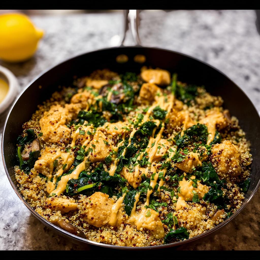 A delicious skillet dish featuring chicken, quinoa, greens, and a creamy sauce, perfect for beginners.