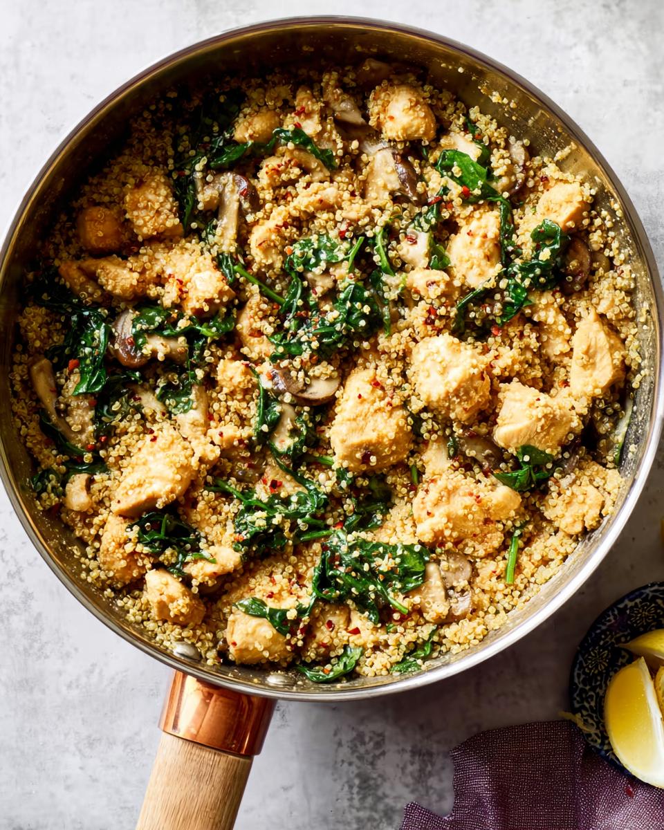 A skillet filled with a delicious chicken and quinoa recipe, featuring spinach and mushrooms.