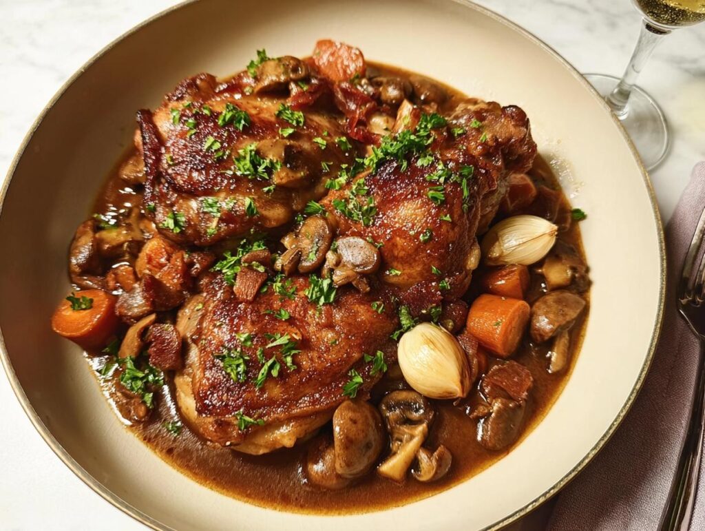 A close-up of a rich chicken recipe with tender chicken thighs, mushrooms, carrots, and pearl onions in a savory sauce, garnished with parsley.