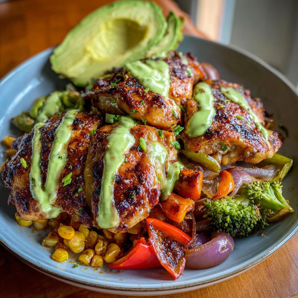 A vibrant bowl of grilled chicken thighs served over roasted vegetables and corn, drizzled with a green sauce, with avocado slices on the side. A perfect example of quick chicken recipes.