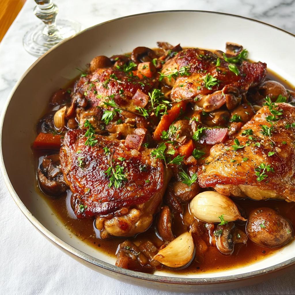 Close-up of tender chicken thighs braised in a rich sauce with mushrooms, carrots, and whole garlic cloves, a perfect example of why everyone loves these chicken recipes.