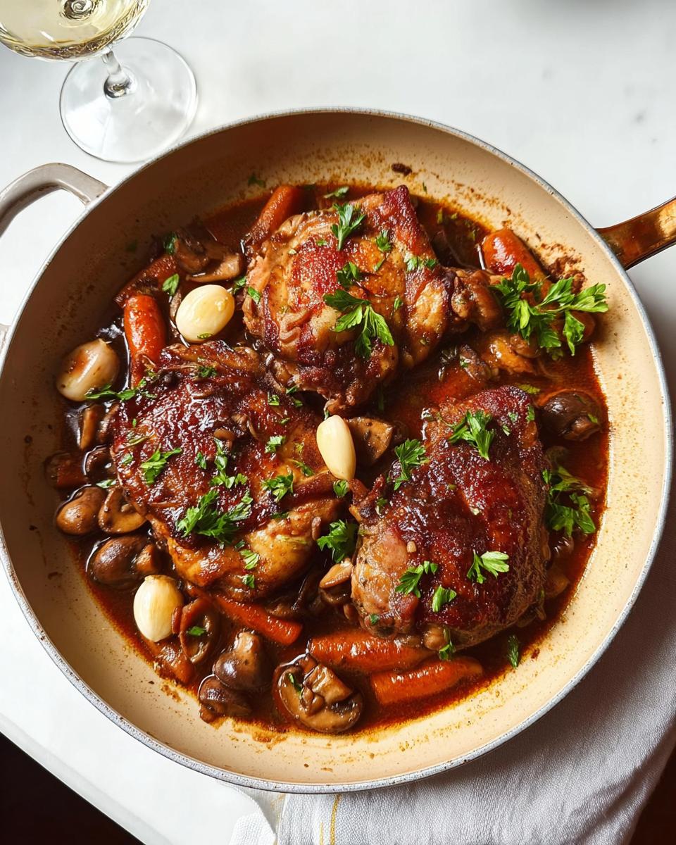 A close-up of braised chicken thighs in a rich sauce with carrots, mushrooms, and garlic, garnished with parsley. Part of our favorite chicken recipes.