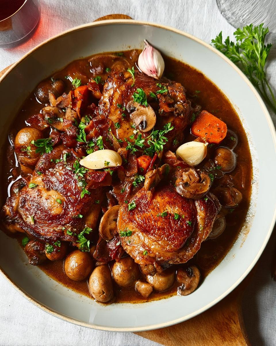 A close-up of rich chicken recipes braised with mushrooms, carrots, garlic, and herbs in a dark sauce.