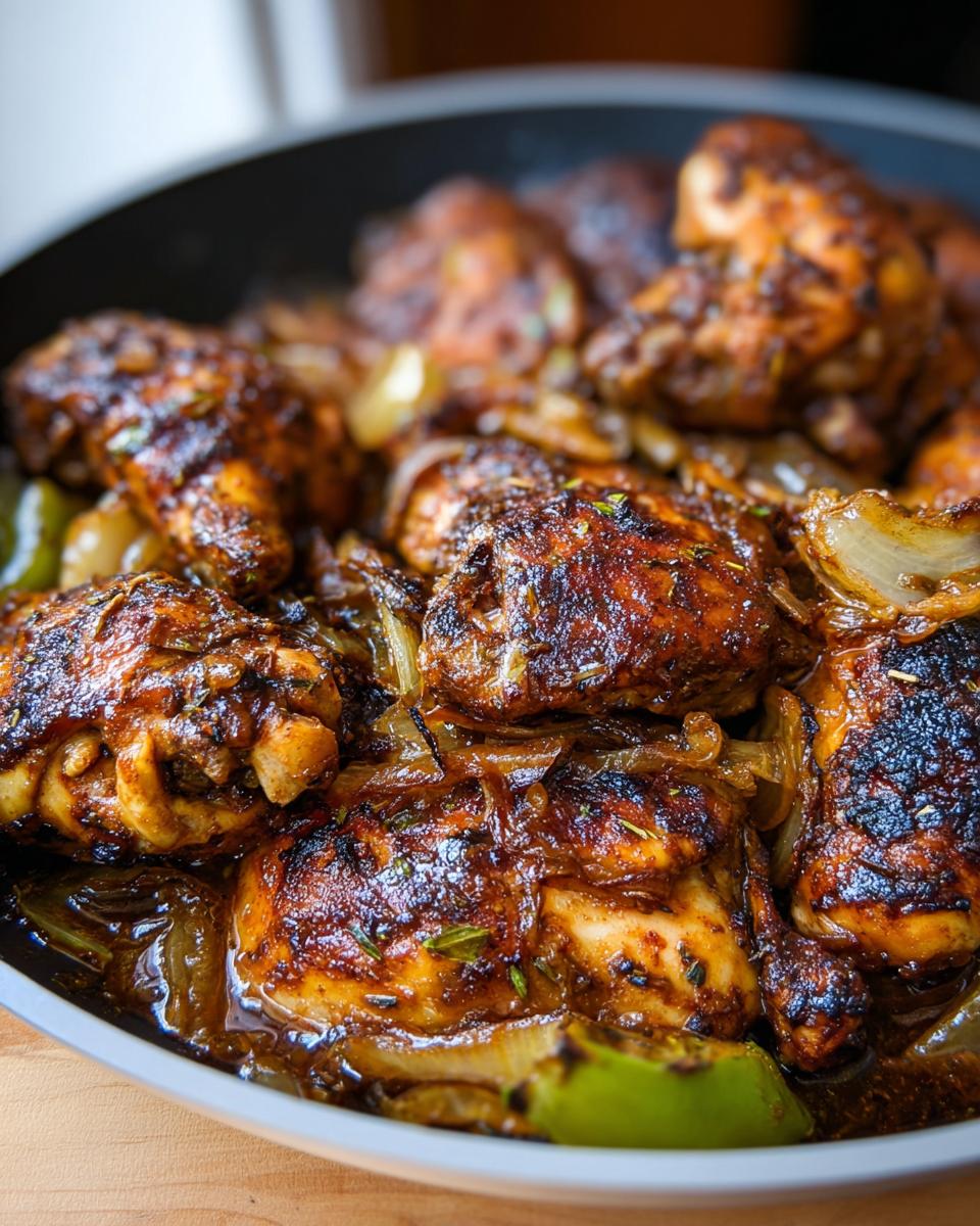 Close-up of pan-seared chicken pieces with caramelized onions and green bell peppers, part of our Chicken Recipes collection.