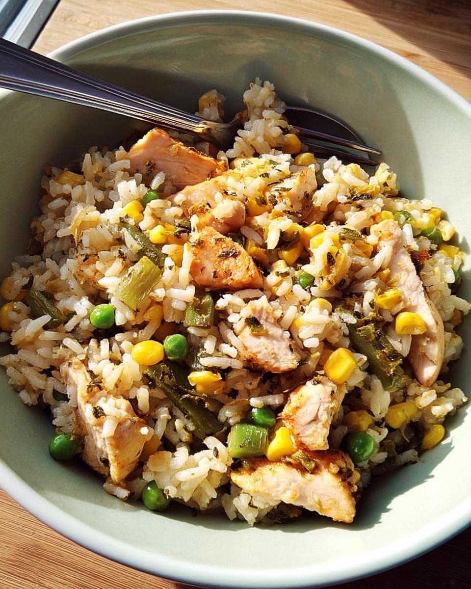 A close-up of a rice bowl with chicken, peas, corn, and green beans, seasoned with herbs.