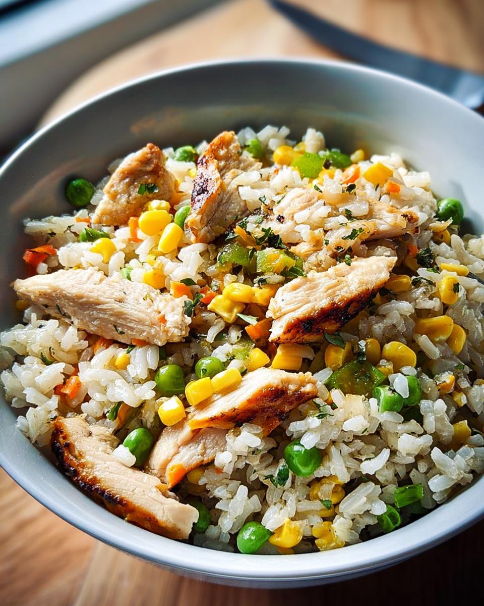 Close-up of a bowl filled with rice, grilled chicken, peas, corn, and diced carrots, part of a rice bowls recipe.