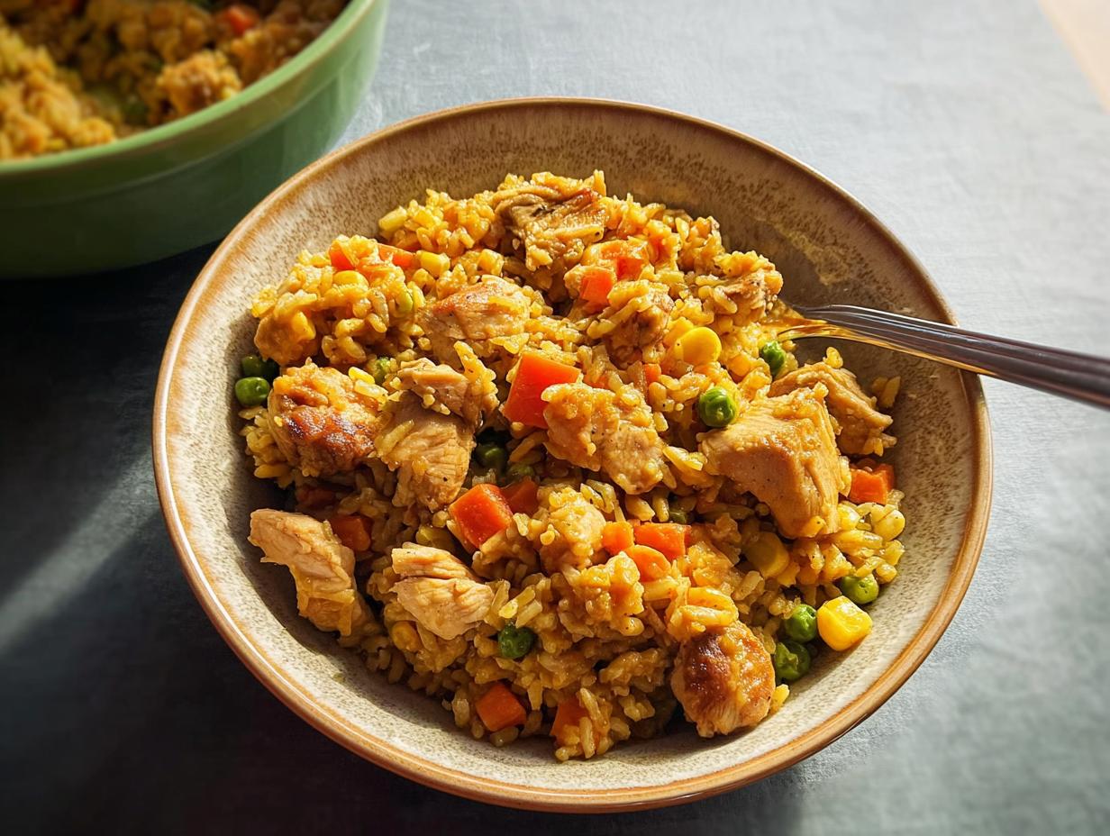A delicious bowl of chicken and vegetable rice, perfect for quick weeknight meals.