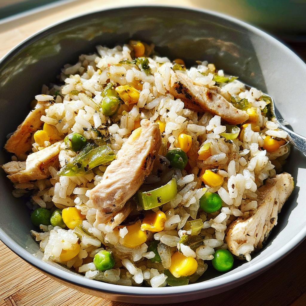 A close-up of a healthy chicken rice bowls recipe with corn, peas, and green peppers.
