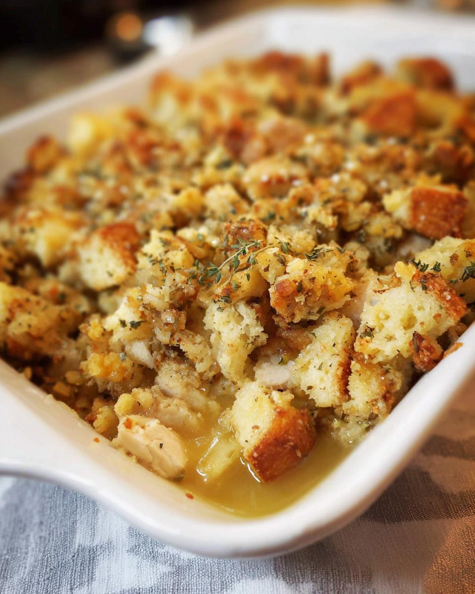 Close-up of a baked chicken and stuffing casserole in a white dish, topped with herbs.