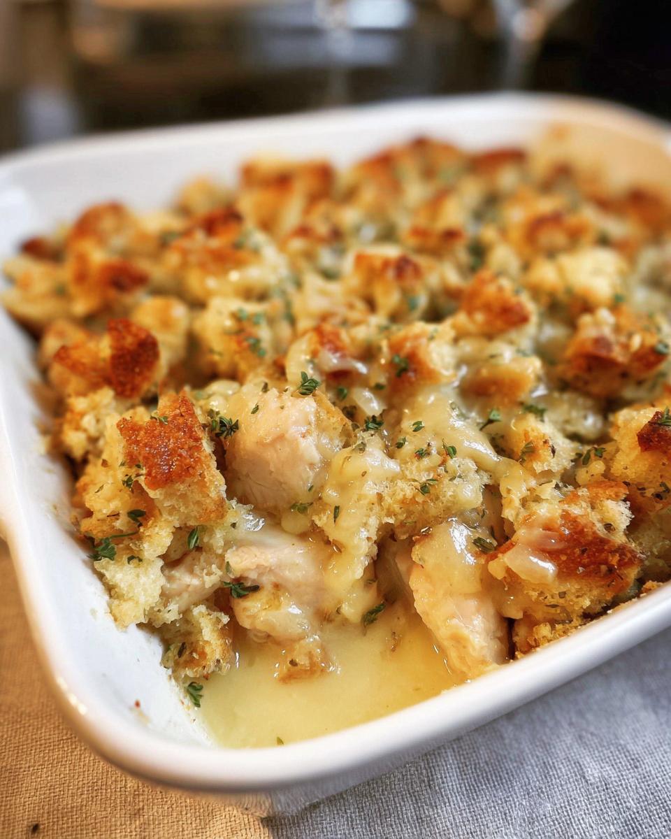 Close-up of a comforting chicken and stuffing casserole, featuring chunks of chicken, savory sauce, and toasted bread cubes.