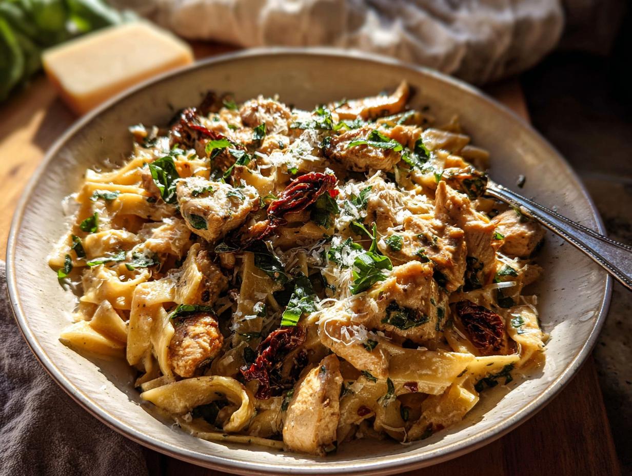 A close-up of a pasta bowl filled with fettuccine, chicken pieces, sun-dried tomatoes, and fresh herbs, topped with grated cheese.