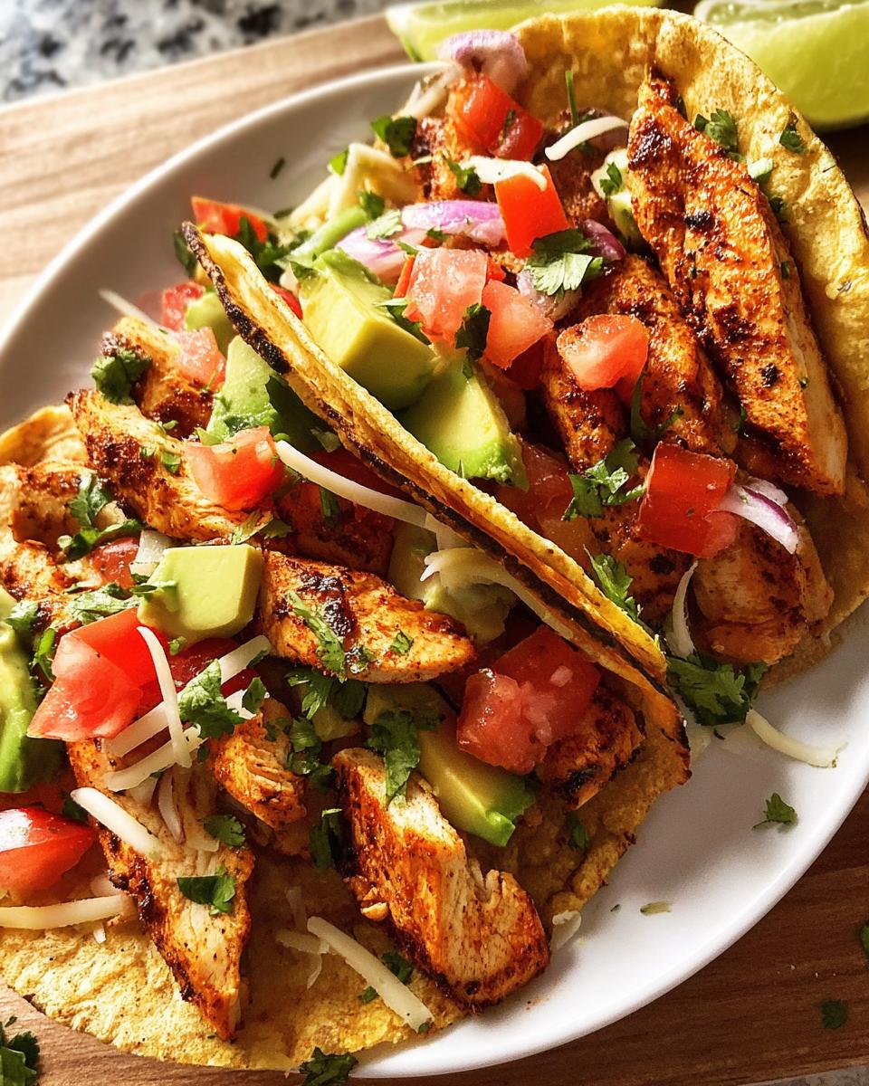Close-up of two chicken tacos filled with grilled chicken, avocado, tomatoes, red onion, and cilantro for Taco Tuesday Recipes Meal Prep.