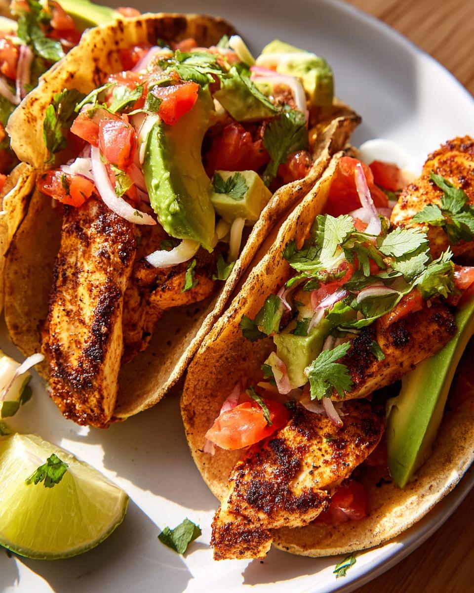 Close-up of two flavorful chicken tacos, filled with seasoned chicken, avocado, tomato, onion, and cilantro, perfect for Taco Tuesday Recipes Meal Prep.
