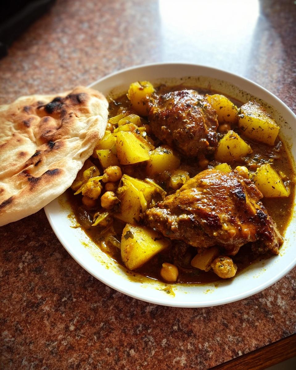 A hearty bowl of chicken thigh recipe with potatoes, chickpeas, and a rich sauce, served with flatbread.