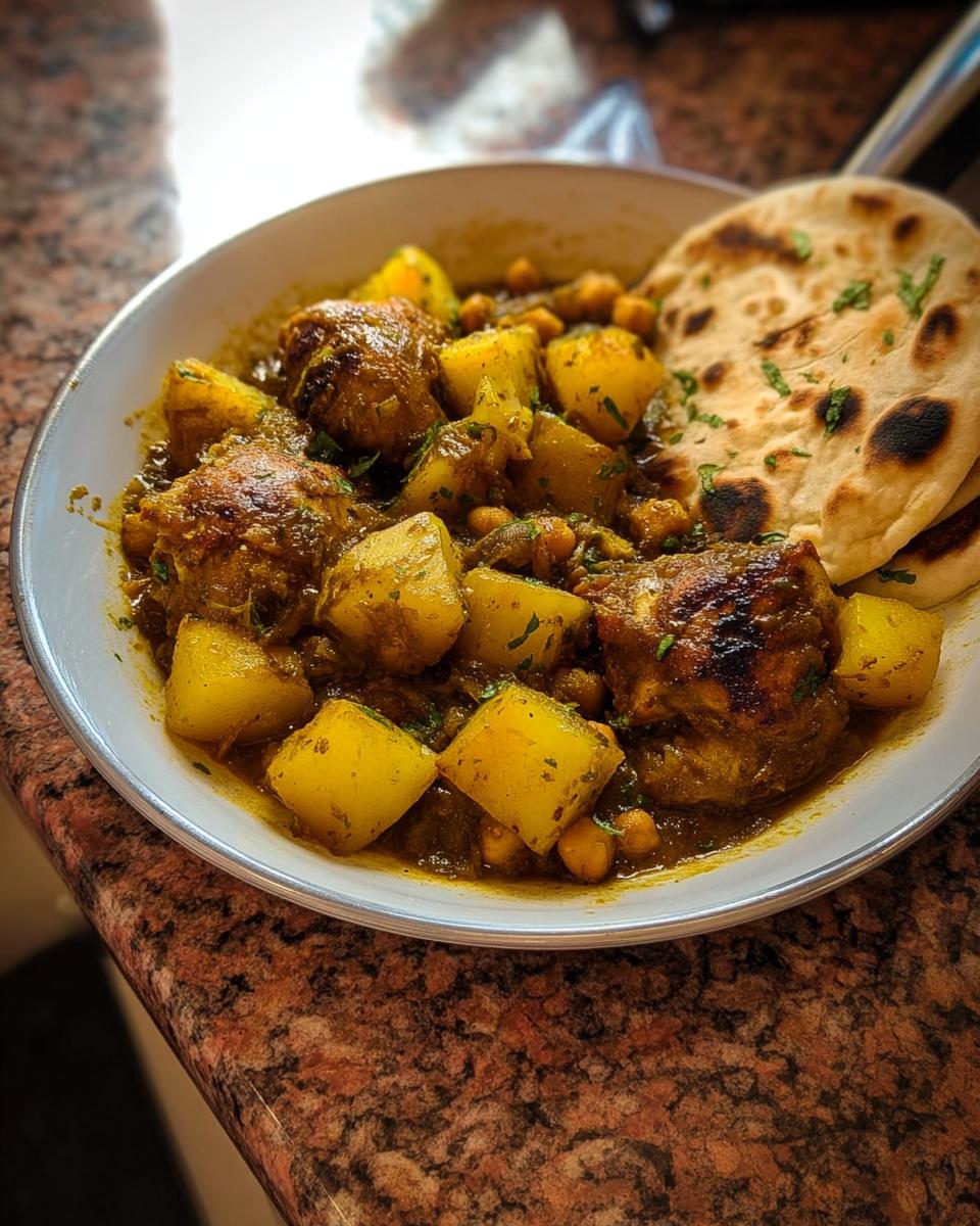 A bowl of flavorful chicken thigh recipe with chunks of potatoes, chickpeas, and a side of naan bread.