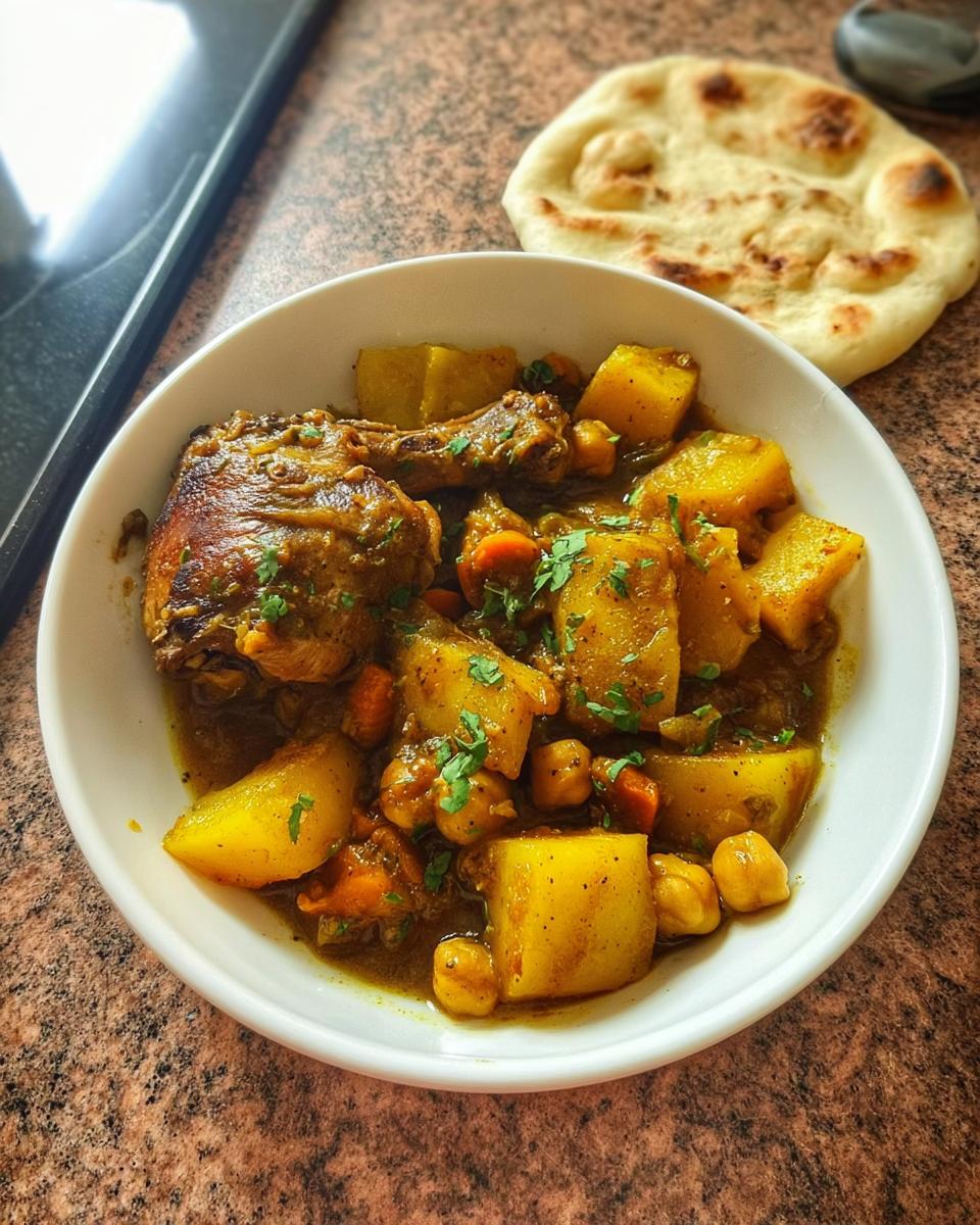 A bowl of delicious chicken thigh recipe with potatoes, chickpeas, and carrots, garnished with parsley, served with naan bread.
