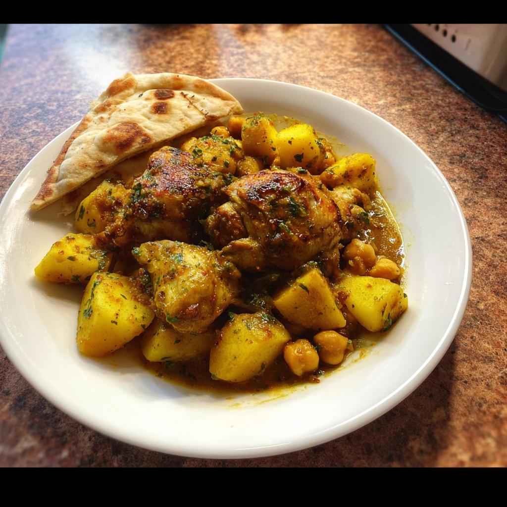 A flavorful chicken thigh recipe served with potatoes, chickpeas, and a side of warm naan bread.