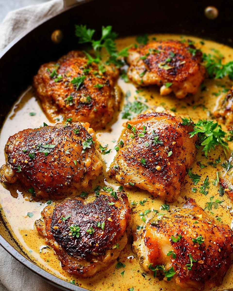 Close-up of pan-seared chicken thighs in a creamy sauce, garnished with parsley. A quick chicken thigh recipe.