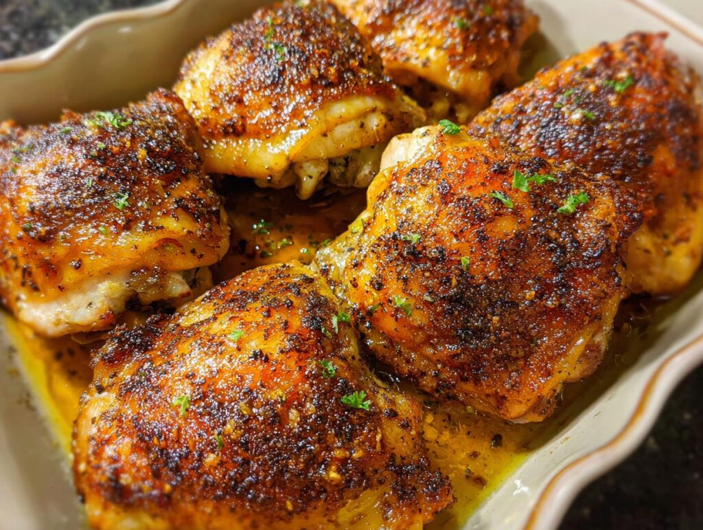 Close-up of golden-brown, crispy chicken thighs seasoned with herbs and spices, ready to serve.