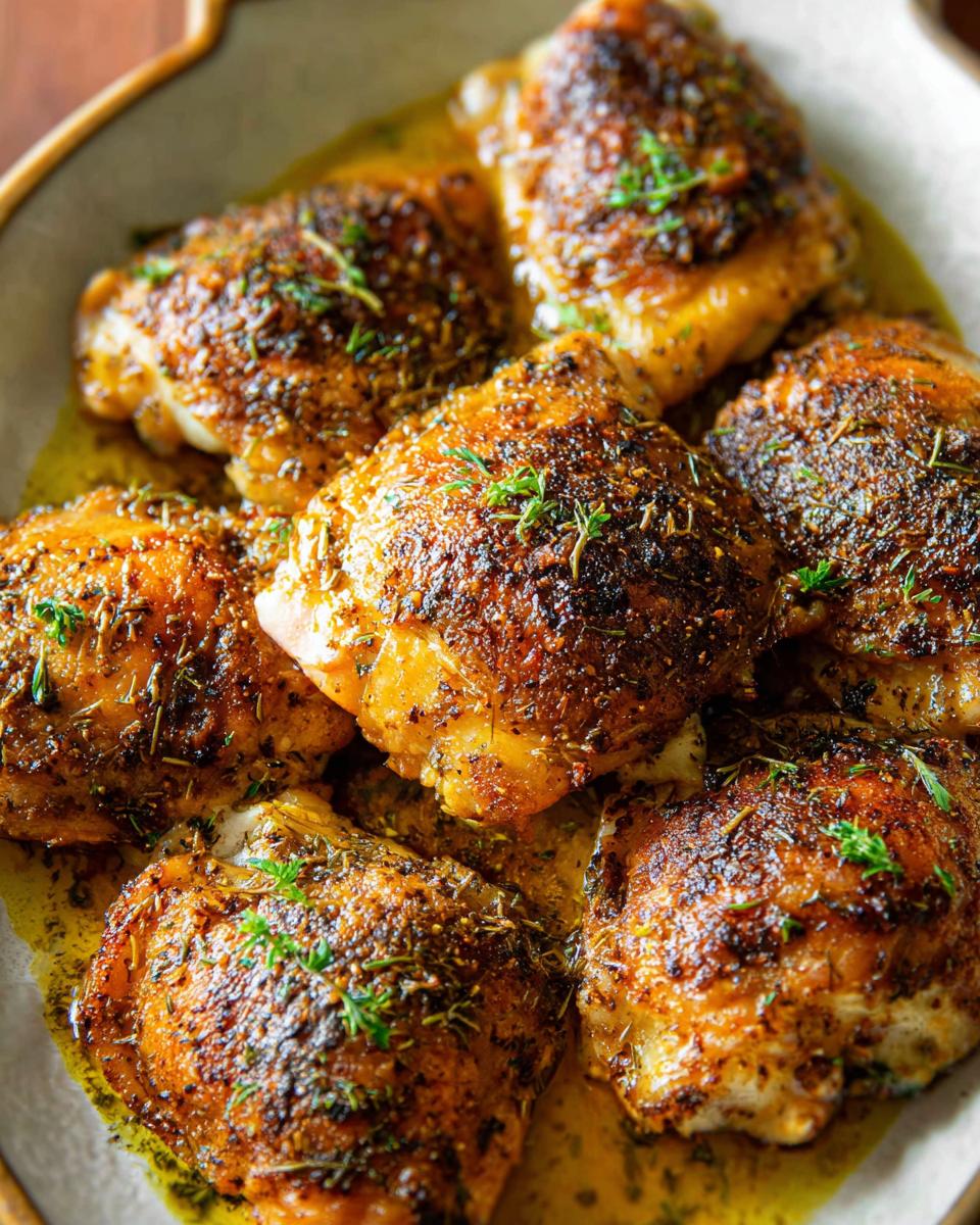 A close-up shot of perfectly seasoned chicken thighs, glistening with herbs and spices, ready to be served.