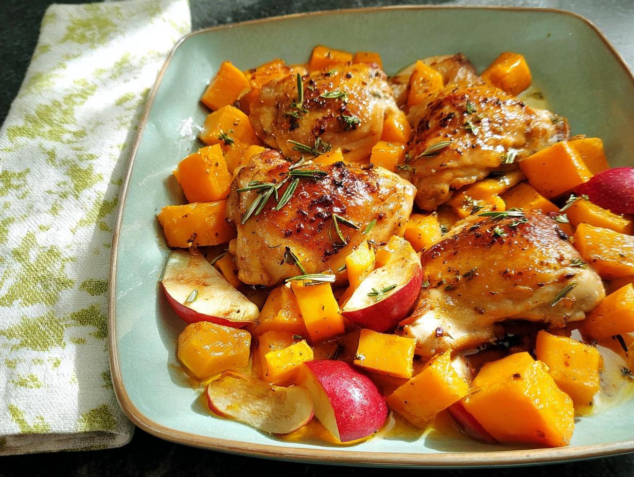 Close-up of juicy roasted chicken thighs served with cubed butternut squash and apple slices, garnished with rosemary.