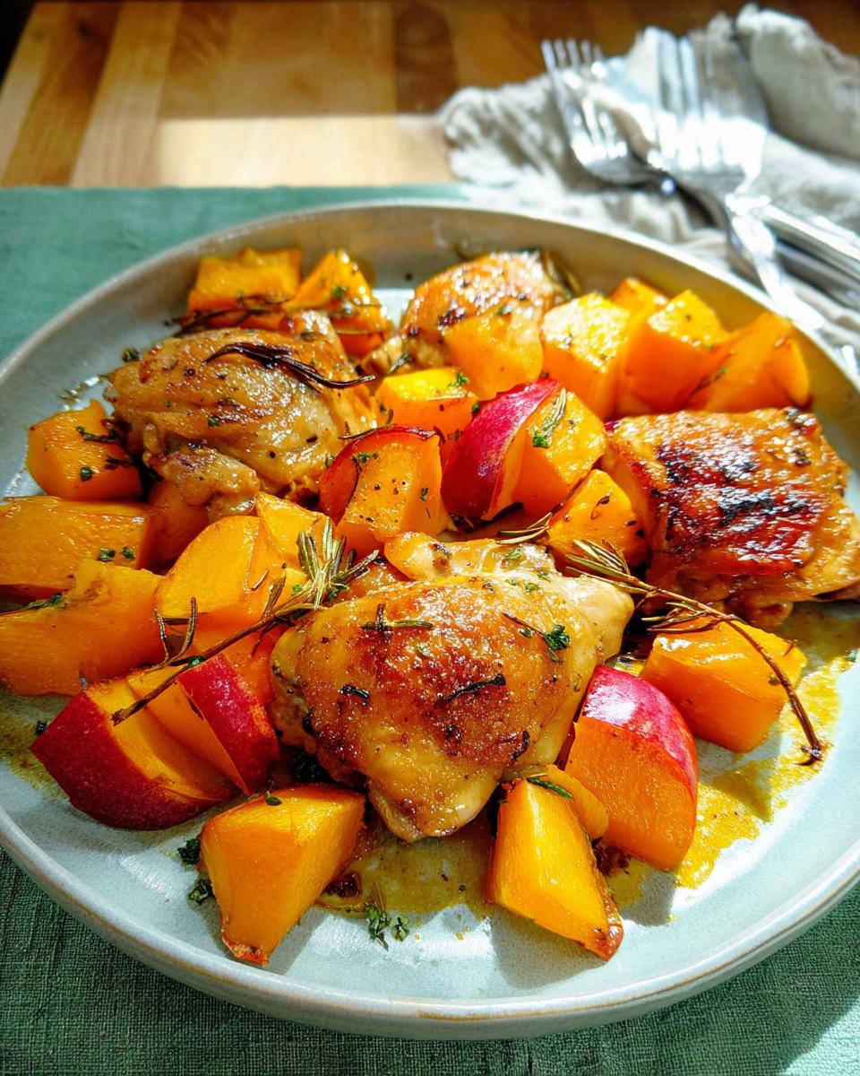 A plate of roasted chicken thighs with chunks of butternut squash and red apple wedges, seasoned with rosemary.