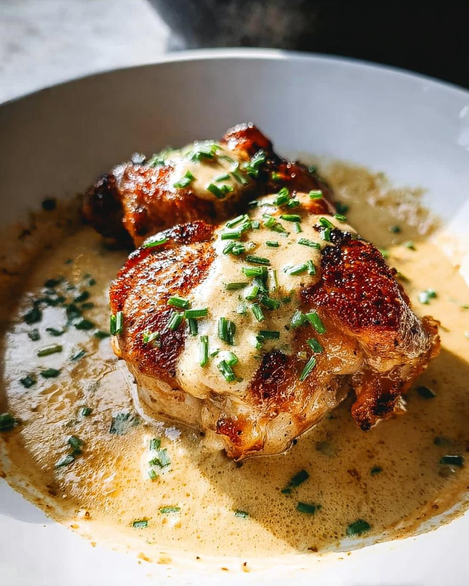 Two perfectly cooked chicken thighs in a creamy sauce, garnished with fresh chives. A top recipe from The Ultimate Chicken Thigh Recipes Guide for Beginners.