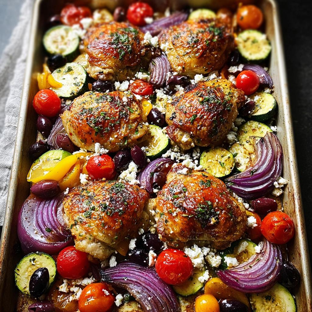 A colorful sheet pan meal prep featuring juicy chicken thighs, roasted vegetables like zucchini, red onion, cherry tomatoes, and olives, topped with feta cheese.